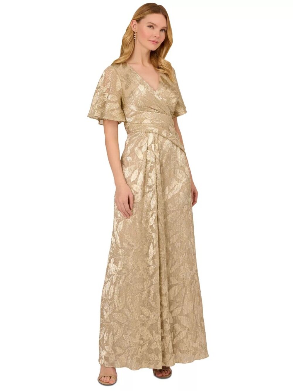 Adrianna Papell Women's Foil Leaf Flutter-Sleeve Draped Gown Champagne Gold